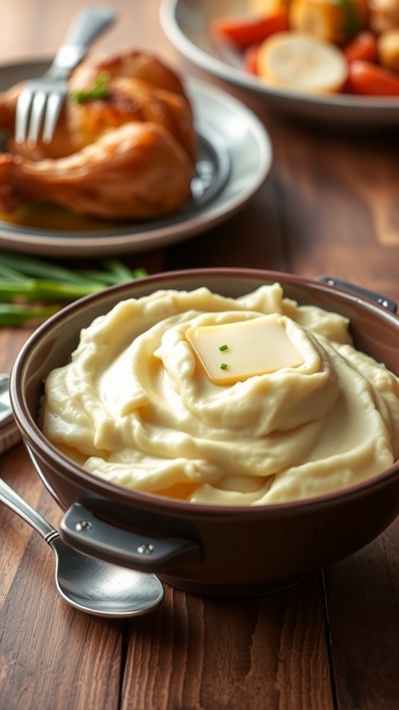 A bowl of creamy mashed potatoes topped with butter and chives on a rustic table.